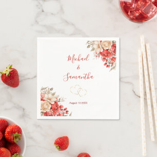 Elegante rote und elfenbeinfarbene Rosenhochzeit Serviette