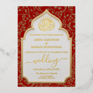 Elegante Rote und Gold Real Foil Islamische Hochze Folieneinladung