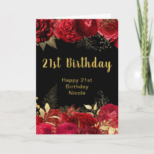 Elegante rote und goldene Blumen Geburtstag Karte