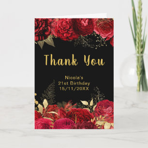 Elegante rote und goldene Blumen Geburtstagsfeier Dankeskarte