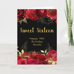 Elegante rote und goldene Blumen Sweet Sixteen Karte