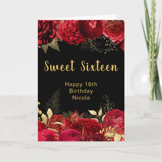 Elegante rote und goldene Blumen Sweet Sixteen Karte (Vorderseite)