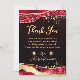Elegante rote und goldene Glitter-Glam-Tränen Quin Dankeskarte