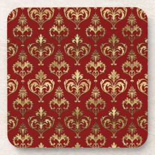 Elegante rote und goldene Herzen Valentins-Damasku Getränkeuntersetzer
