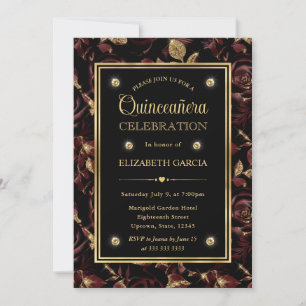 Elegante rote und goldene Rosenblumen-Quinceanera Einladung