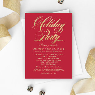 Elegante rote und goldene Skript-Weihnachtsfeier Einladung