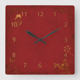 Elegante rote und goldene Vintage-Schmetterlinge Quadratische Wanduhr