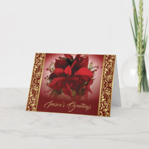 Elegante rote und goldene Weihnachtspoinsettie Feiertagskarte