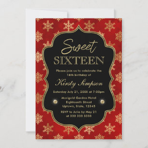 Elegante rote und goldene Winterschnörkel Sweet 16 Einladung