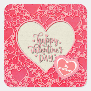 Elegante rote und rosa florale Herzen Valentinstag Quadratischer Aufkleber