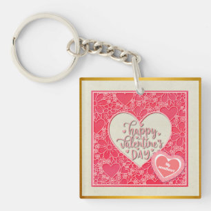 Elegante rote und rosa florale Herzen Valentinstag Schlüsselanhänger
