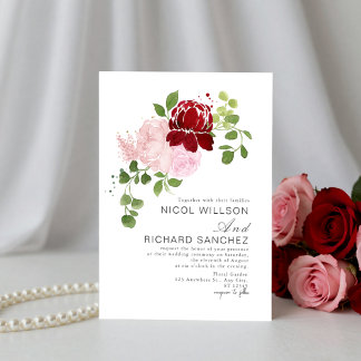 Elegante rote und rosa Sommer-Blumenhochzeit  Einladung