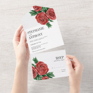 Elegante rote und salbeifarbene Rosen Hochzeit All In One Einladung