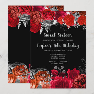 Elegante rote und silberne Blumen Sweet Sixteen Einladung