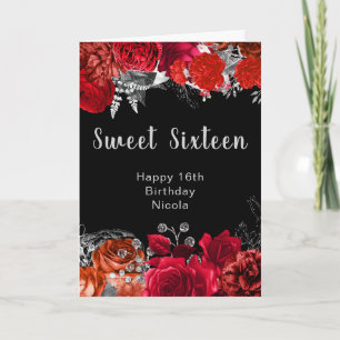 Elegante rote und silberne Blumen Sweet Sixteen Karte