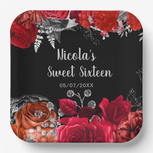 Elegante rote und silberne Blumen Sweet Sixteen Pappteller (Vorderseite)