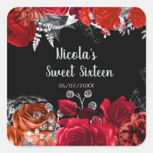 Elegante rote und silberne Blumen Sweet Sixteen  Quadratischer Aufkleber