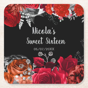 Elegante rote und silberne Blumen Sweet Sixteen Rechteckiger Pappuntersetzer