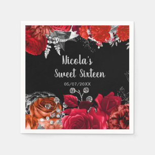 Elegante rote und silberne Blumen Sweet Sixteen  Serviette
