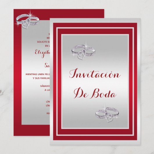 Elegante Rote Und Silberne Eheringe Einladung (Vorne/Hinten)