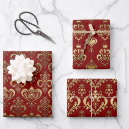 Elegante Rote und Verzierte Herzen Damaskus Geschenkpapier Set