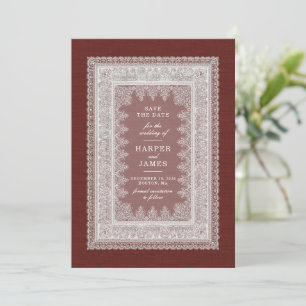 Elegante rote Vintage-Spitze Save-the-Date-Hochzei Einladung