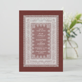 Elegante rote Vintage-Spitze Save-the-Date-Hochzei Einladung
