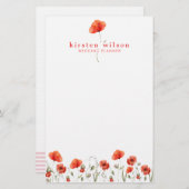 Elegante Rote Wasserfarbe Mohnblumen Blume Persona Briefpapier (Vorne/Hinten)