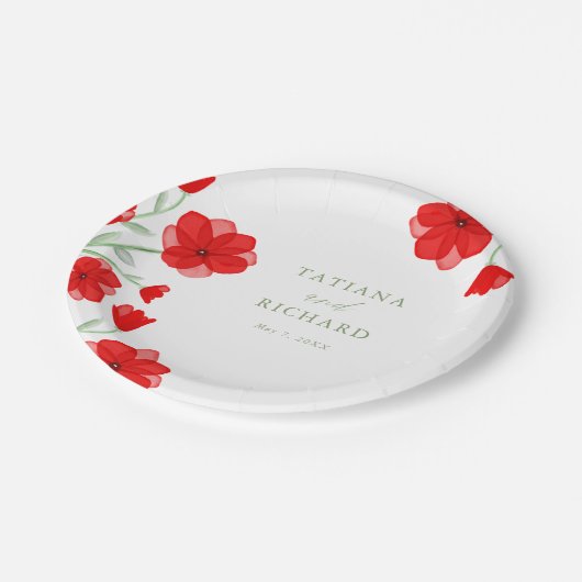Elegante Rote Wasserfarbe Poppy Blumenzwiese Pappteller (Schrägansicht)