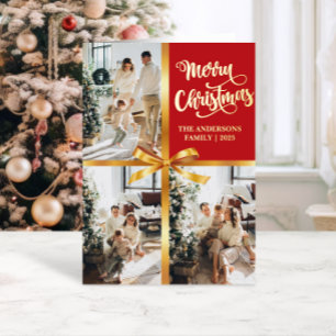 Elegante rote Weihnachtskarte mit goldenem Schleif Folien Feiertagskarte