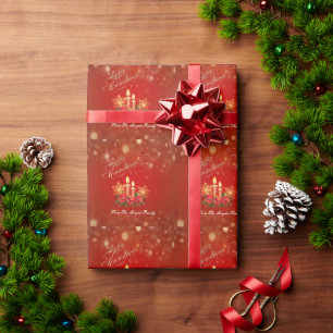 Elegante rote Weihnachtskerzen, Kugeln, Schneefloc Geschenkpapier