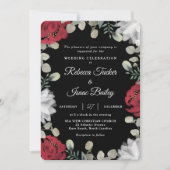 Elegante Rote Weiße Blumengrün auf der Schwarzen H Einladung (Vorderseite)