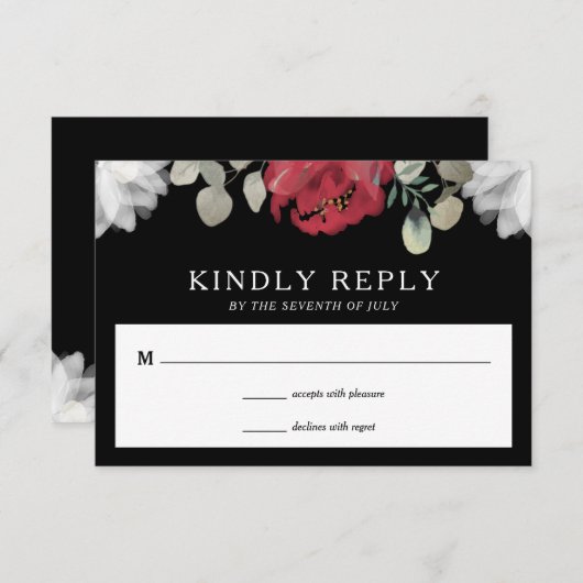 Elegante Rote Weiße Blumengrün auf der Schwarzen H RSVP Karte (Vorne/Hinten)