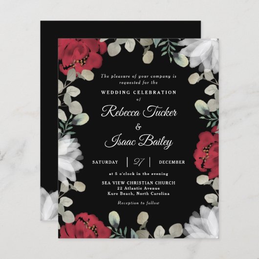 Elegante Rote Weiße Blumengrün Einladung Hochzeit (Vorne/Hinten)