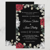 Elegante Rote Weiße Blumengrün Einladung Hochzeit (Vorne/Hinten)