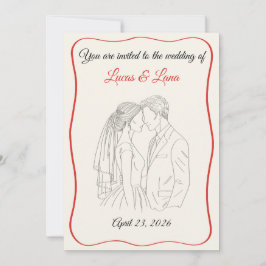 Elegante rote weiße Linienkunst Hochzeitspaar Einladung