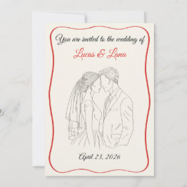 Elegante rote weiße Linienkunst Hochzeitspaar Einladung