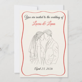 Elegante rote weiße Linienkunst Hochzeitspaar Einladung