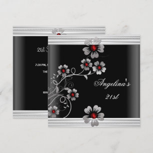Elegante rote weiße schwarze Blumen zum 21. Geburt Einladung