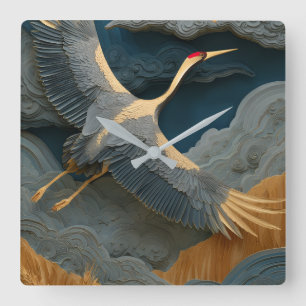 Elegante Rotkronen-Kranich-Wanduhr – 3D-Relief Quadratische Wanduhr