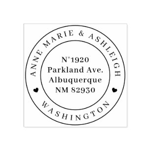 Elegante Round Heart Wedding Names Rücksendeadress Gummistempel