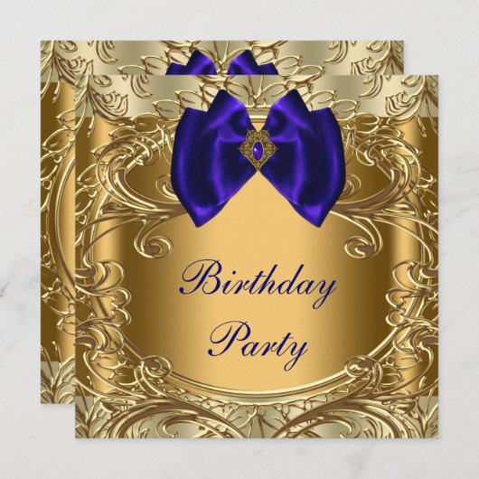 Elegante Royal Blue and Gold Birthday Party Einladung (Vorne/Hinten)