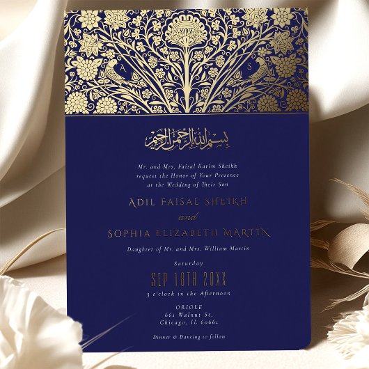 Elegante Royal Blue and Gold Islamic Wedding Folieneinladung