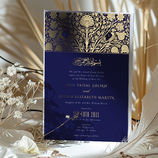 Elegante Royal Blue and Gold Islamic Wedding Folieneinladung