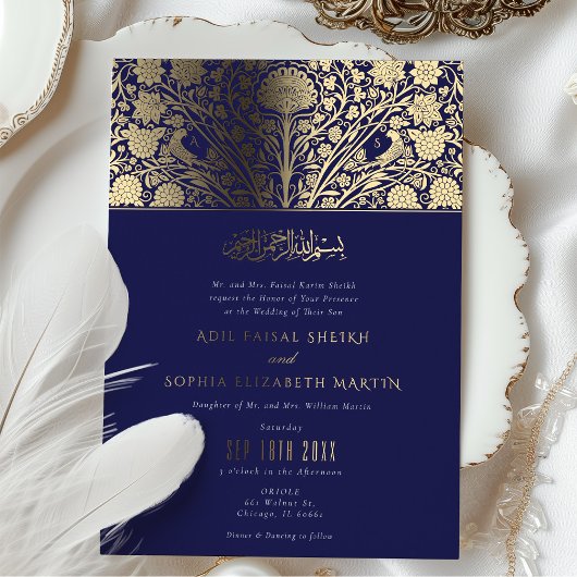 Elegante Royal Blue and Gold Islamic Wedding Folieneinladung