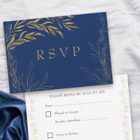 Elegante Royal Blue and Gold Leaf RSVP Card