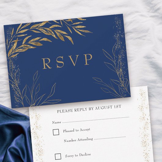 Elegante Royal Blue and Gold Leaf RSVP Card