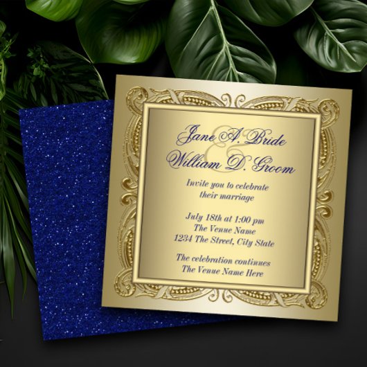 Elegante Royal Blue and Gold Wedding Einladung