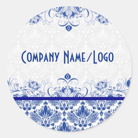 Elegante Royal Blue and White Damaskus & Wirbel Runder Aufkleber (Vorderseite)