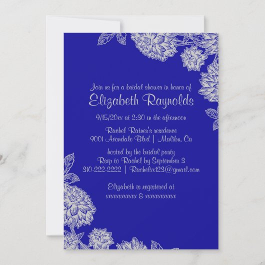 Elegante Royal Blue Bridal Dusche Einladungen (Vorderseite)